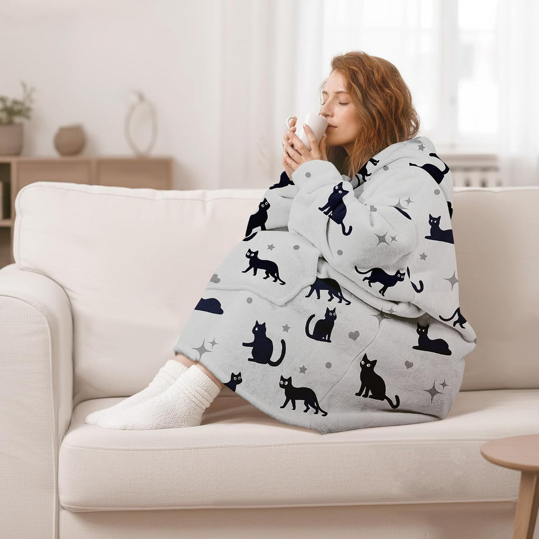Hoodie Decke Oversize Katze Grau mit Ärmeln Kuscheldecke Deckenpullover für Damen Herren, Tragbare D