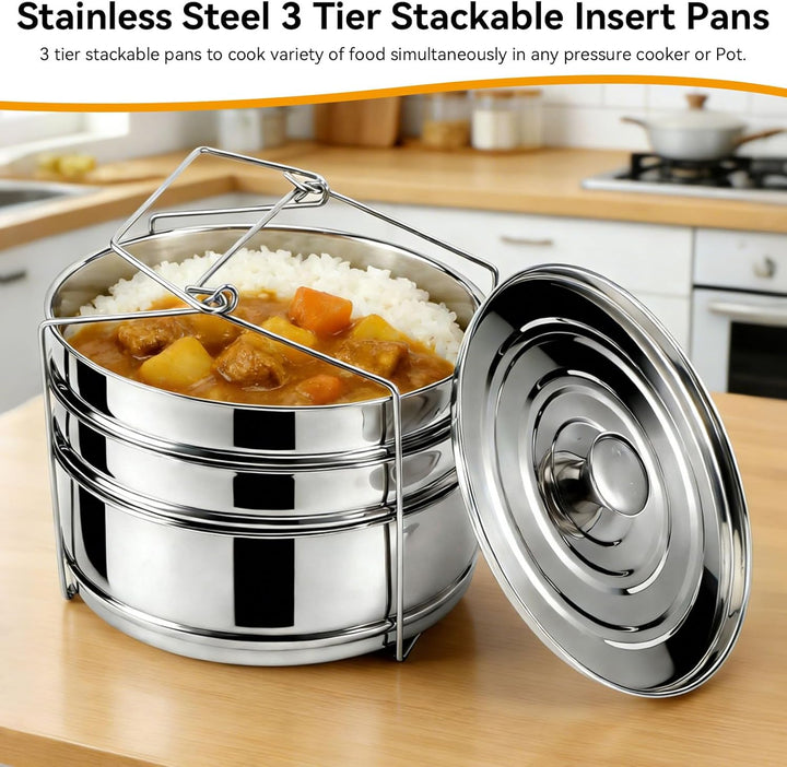 Stapelbare Einsatzpfannen aus Edelstahl mit 3 Ebenen, InstantPots-Dampfgarer, Schnellkochtopf, Backg