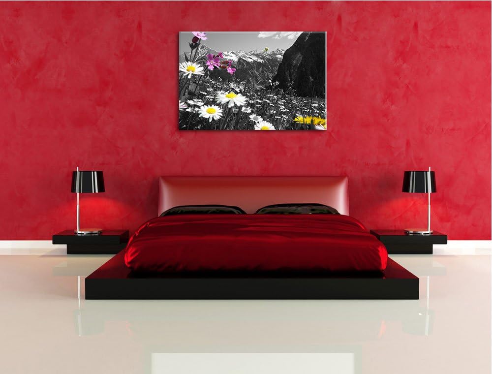 Pixxprint schöne Blumenwiese 100x70cm Leinwandbild Wandbild Kunstdruck, 100x70