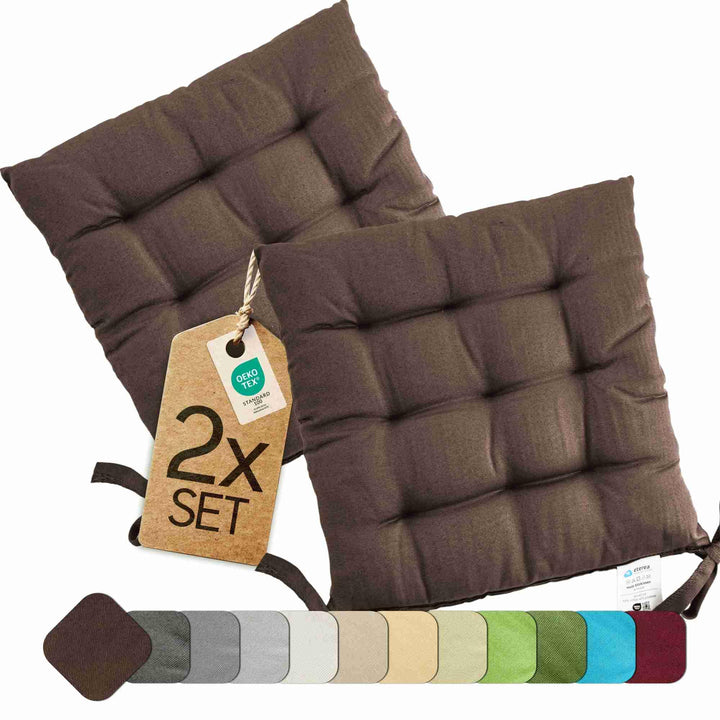 etérea 2er Set Sitzkissen Outdoor 40x40 mit Bändern - Stuhlkissen Braun für Gartenstuhl &amp; Innenberei