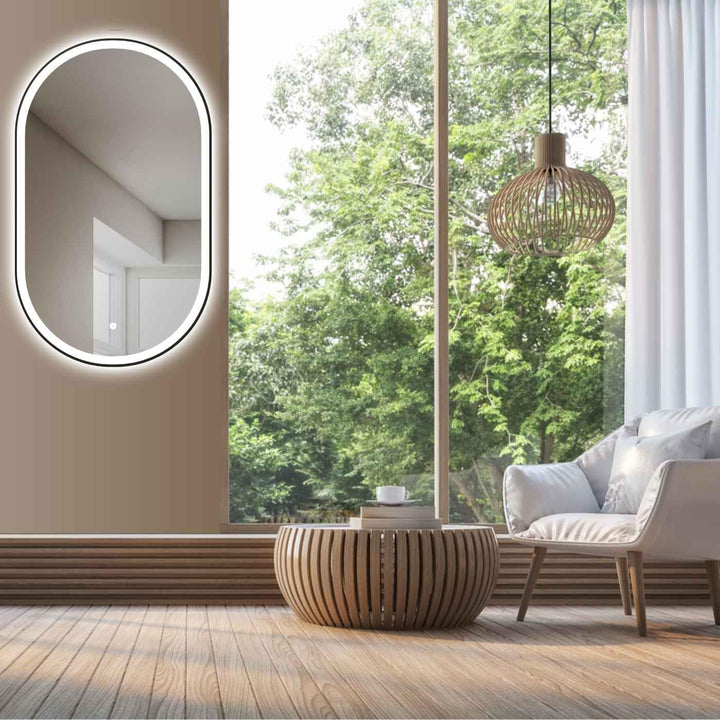 HOKO Design Bad Spiegel oval 50x90 cm / 90x50 cm Parma+ Metall Rahmen Schwarz. HOCH+QUER Montage. LE