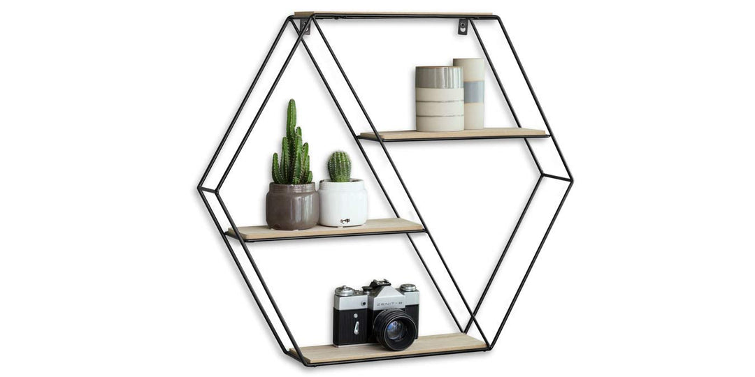 LIFA LIVING Hexagon Wandregal aus Metall & Holz mit 4 Böden, Schwarzes Schweberegal im Industrie Des