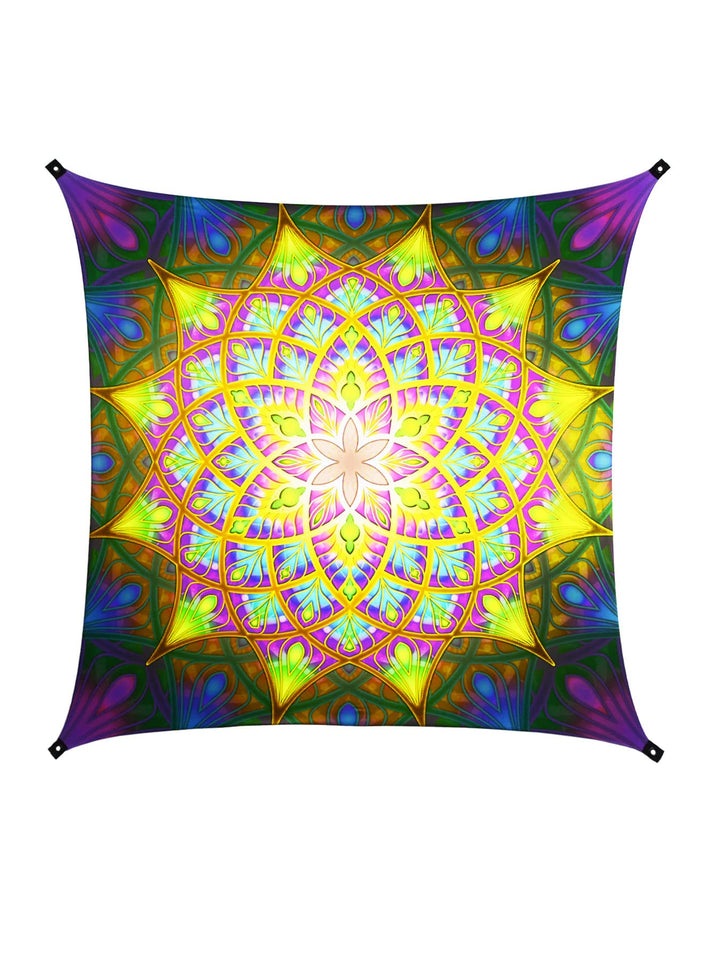 PSYWORK Schwarzlicht Segel Spandex | Backdrop Neon Sacred Church | 2,25 x 2,25m | UV-aktiv | Leuchte