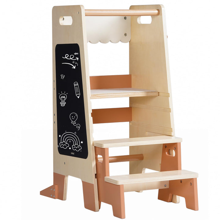 ROBUD Lernturm für Kleinkinder mit abnehmbarem Tritthocker, 2-in-1 Lernturm aus Holz mit Tafel, 3-fa