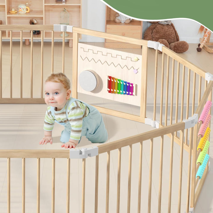 240x160x61cm Baby Laufgitter klappbar Laufstall Holz Kinder Activity Center mit Tür, musikalischem S