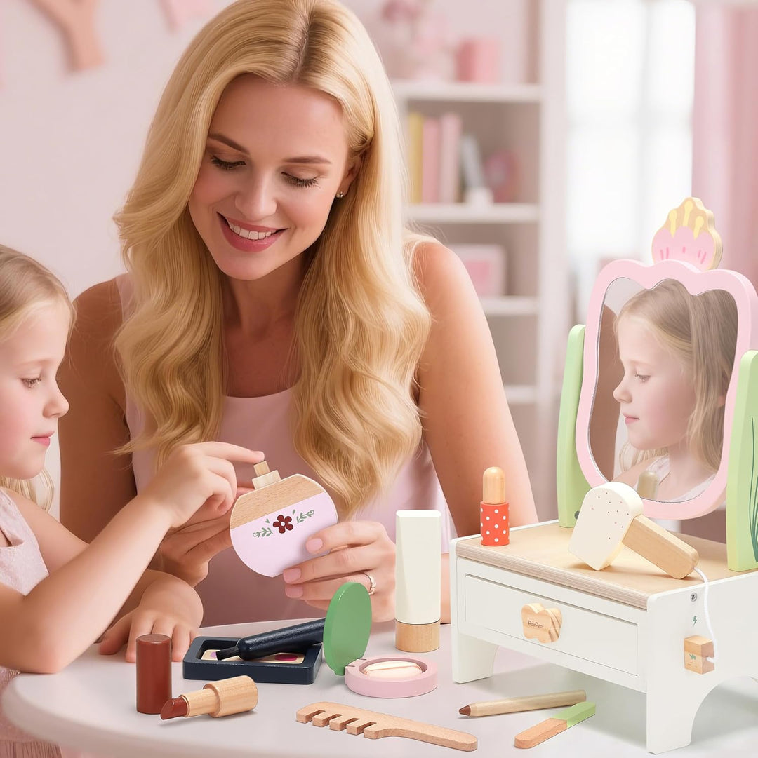 PairPear Holz-Kosmetikset für Kinder mit drehbarem Spiegel, Beauty-Salon Spielset mit 19 Zubehörteil