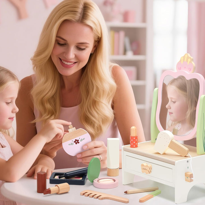 PairPear Holz-Kosmetikset für Kinder mit drehbarem Spiegel, Beauty-Salon Spielset mit 19 Zubehörteil