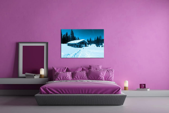 deyoli Skihütte im Winter Format 60x40 Effekt: Monocrome Blau als Leinwandbild, Motiv fertig gerahmt