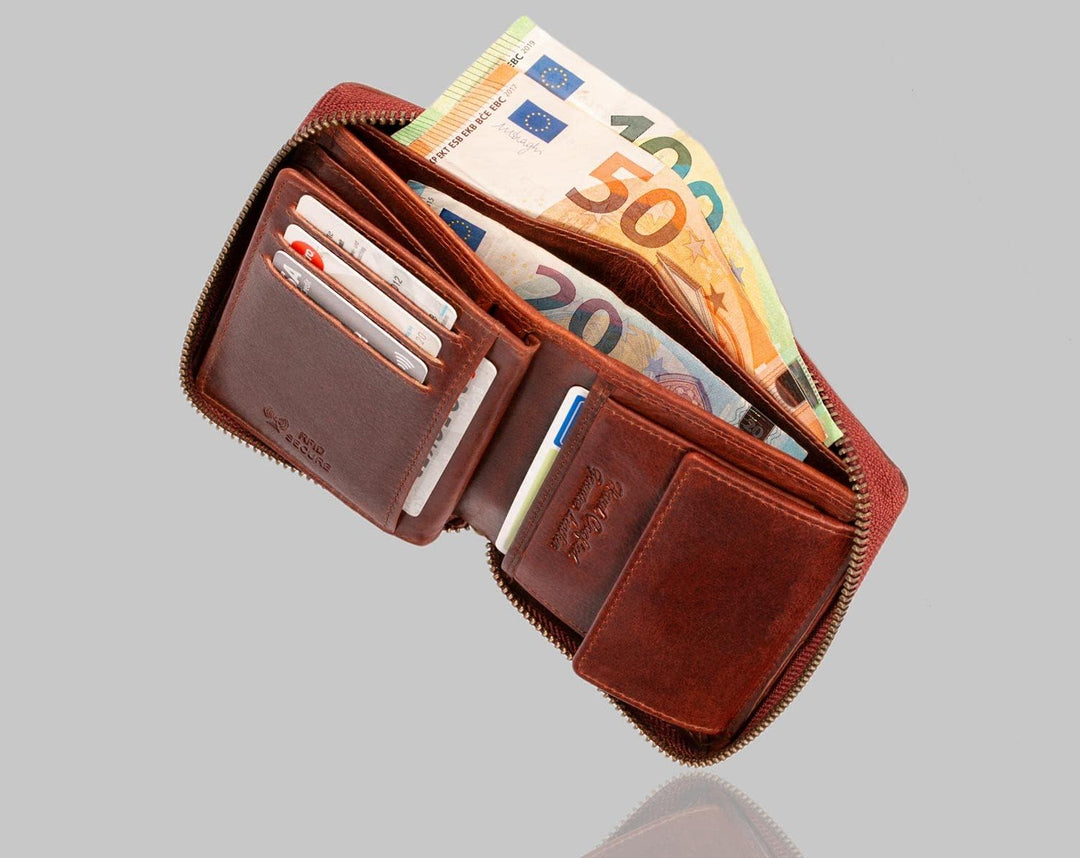 MATADOR Leder Damen Herren Geldbörse Portemonnaie TüV geprüfter RFID & NFC Schutz Antik Vintage Brau