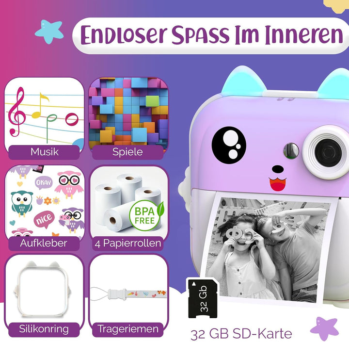 Sofortbildkamera Kinder – 1080P HD, 48 MP, 32-Gb-Karte, Bluetooth, Kostenlose App, 4 Rollen Druckpap