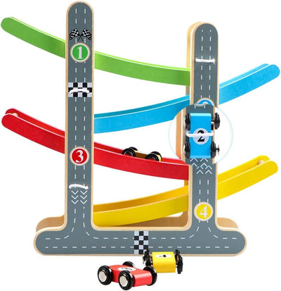 Jacootoys Spielzeug Autostrecke Set mit 4 Mini Autos Rennstrecke Holz Rennbahn Fahrzeuge Rennwagenba