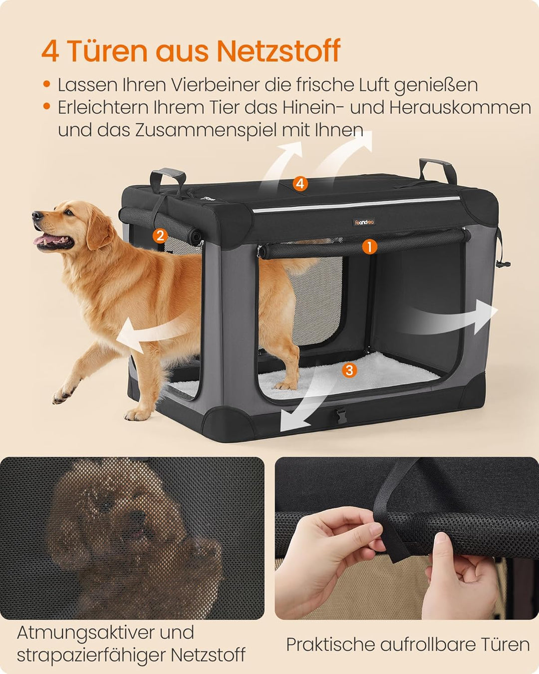 Feandrea Hundebox faltbar, 91,4 cm Transportbox für grosse Hunde, Hundetasche, Oxford-Gewebe, mit 4