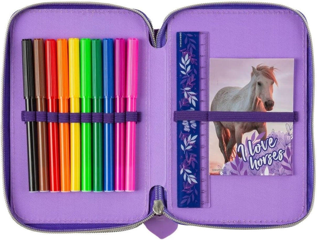 Mädchen Kinder Pferde Pony Horse 2-Fach Federtasche Federmappe Schlamper 27 TLG. gefüllt (KO23), lil
