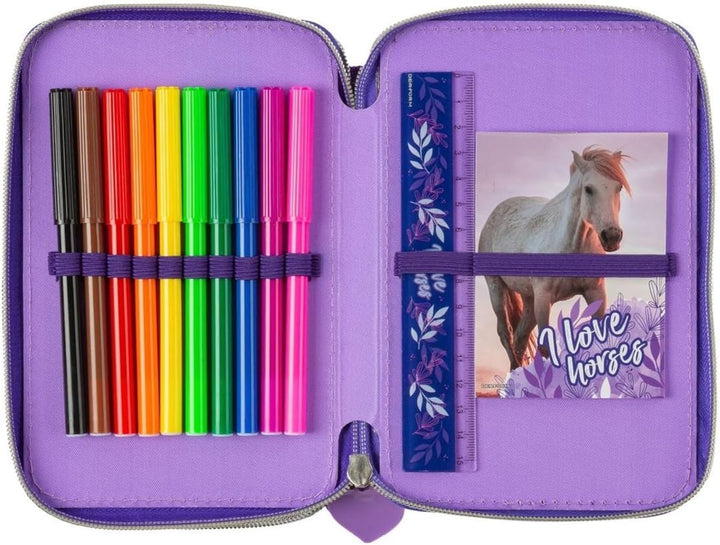 Mädchen Kinder Pferde Pony Horse 2-Fach Federtasche Federmappe Schlamper 27 TLG. gefüllt (KO23), lil