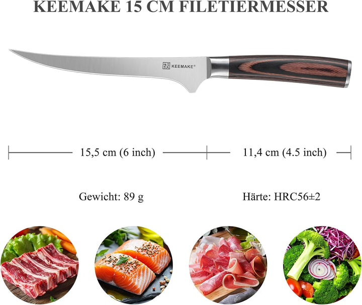 KEEMAKE Filetiermesser 15 cm, Profi Fischmesser Ausbeinmesser mit Ergonomischem Pakkaholz-Griff, Küc