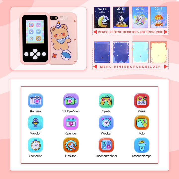 Jirmerp Kinder Handy,Smartphone für Kinder Touch-Screen Spielzeug-Handy mit Kamera, Musik und Spielf