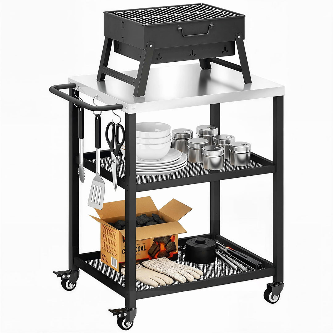 Outsunny Grillwagen 3-Etagen Servierwagen mit Arbeitsfläche verstellbar Ablagen Haken Räder, BBQ Gri