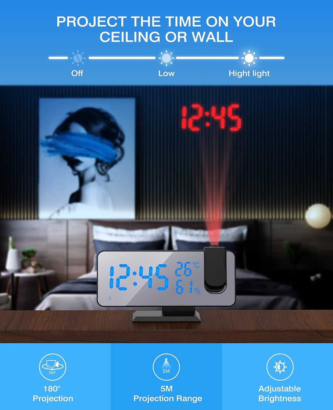 ShinePick Projektionswecker, Digital Wecker mit Projektion, Radiowecker mit USB-Anschluss Snooze Dua