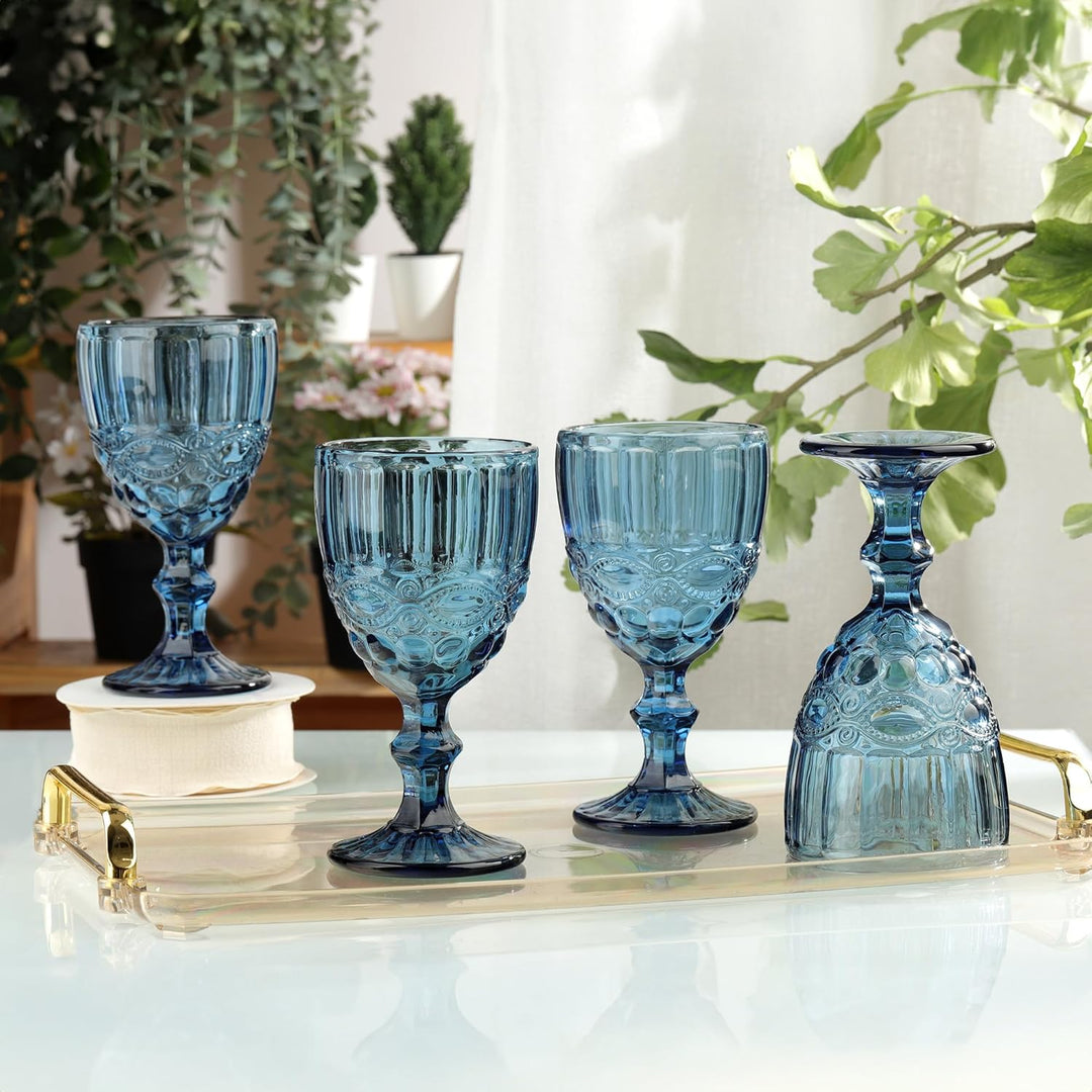 Joeyan Blau Vintage Weingläser mit Geprägtem Design,Farbiger Relief Rotweingläser Weissweingläser,Tr
