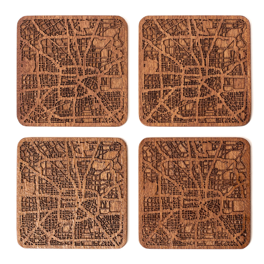 Houston Untersetzer mit Landkarte aus Sapeli-Holz, 4 Stück, mit Stadtkarte, mehrere Stadt optional,
