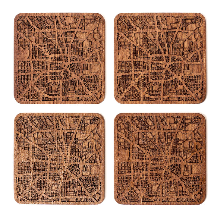 Houston Untersetzer mit Landkarte aus Sapeli-Holz, 4 Stück, mit Stadtkarte, mehrere Stadt optional,