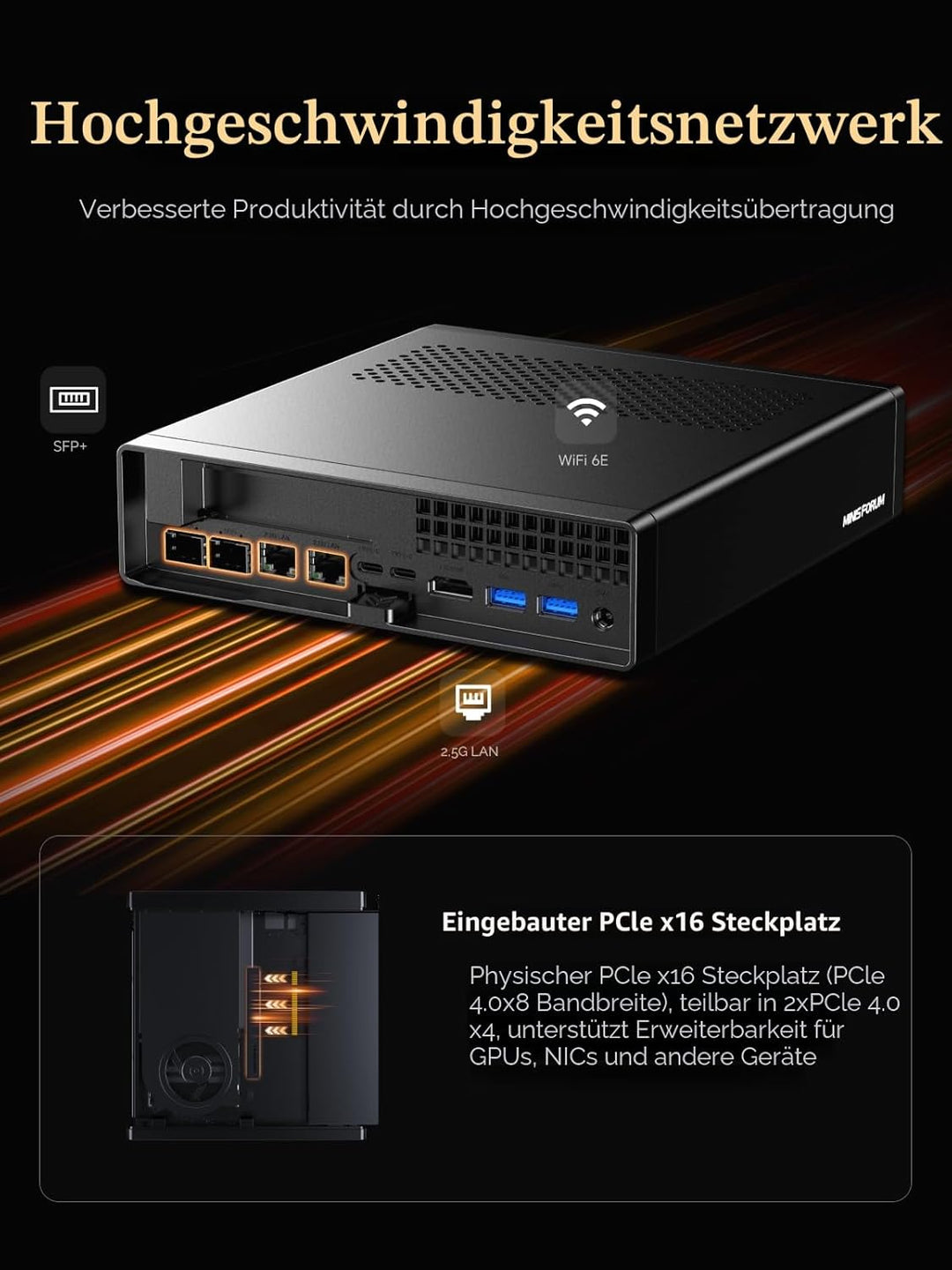 MINIS FORUM AMD Ryzen 9 9955HX MS-A2 Mini PC (16C/32T, bis zu 5,4GHz), PCIe × 16, HDMI/2x USB-C (8K