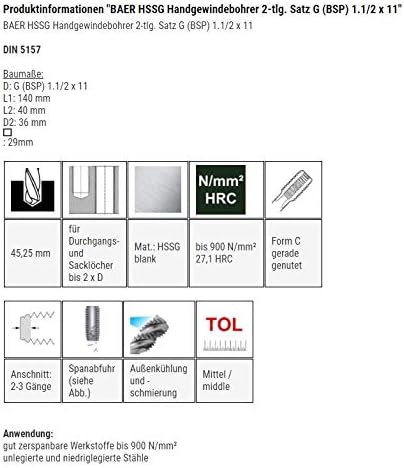 BAER HSSG Handgewindebohrer 2-tlg. Satz G (BSP) 1.1/2 x 11 - Handgewindebohrer-Satz Rohrgewinde, G (
