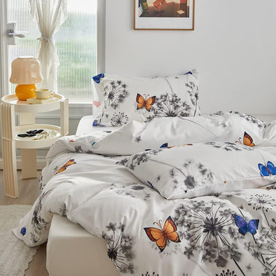 Luofanfei Bettwäsche Pusteblume 135x200cm Blumen Blau Gelb Schmetterling Grau Weiss Löwenzahn Bettwä
