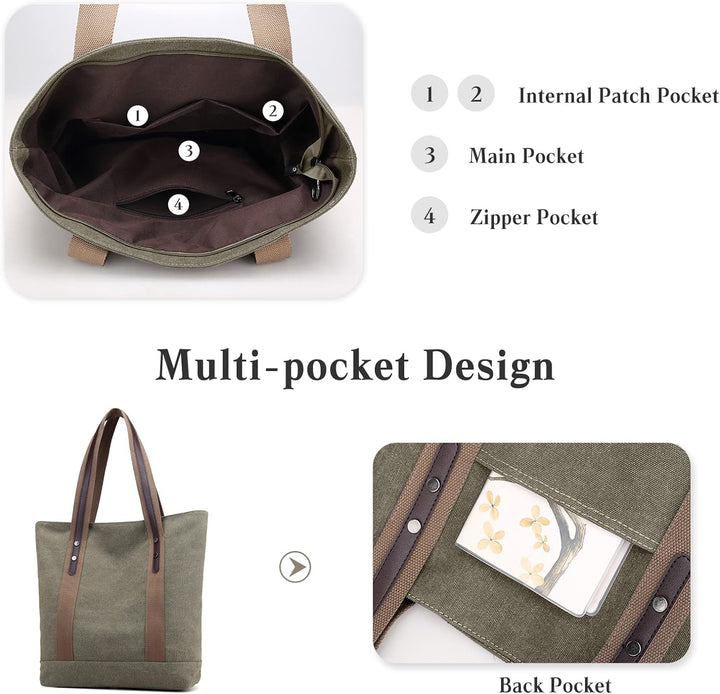 PORRASSO Damen Schultertasche Gross Canvas Handtasche Mode Tote Henkeltasche für Schule Arbeit Einka