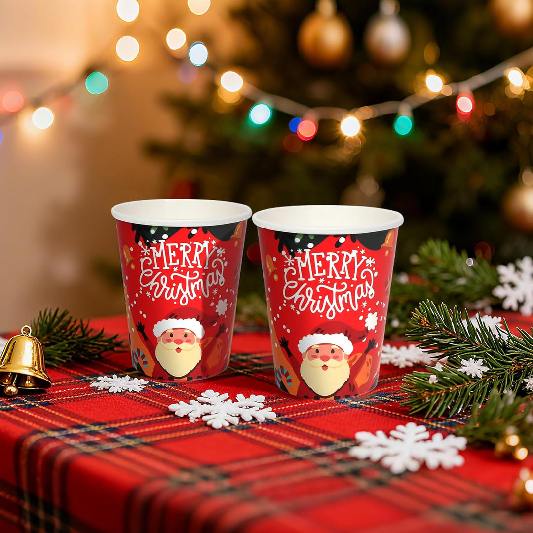 60 Stück Pappbecher WeihnachtsRot 9oz Party Tischdeko mit Cartoon Weihnachtsmann und Merry Christmas
