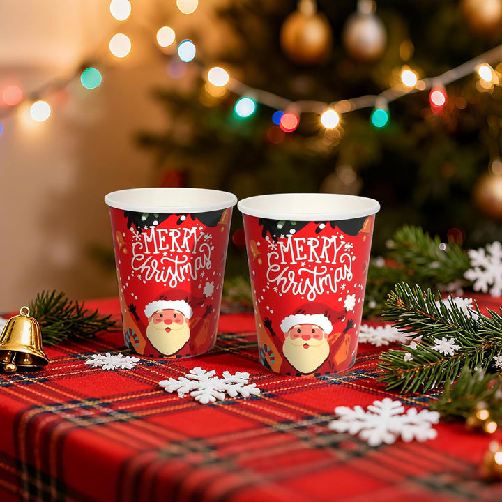 60 Stück Pappbecher WeihnachtsRot 9oz Party Tischdeko mit Cartoon Weihnachtsmann und Merry Christmas