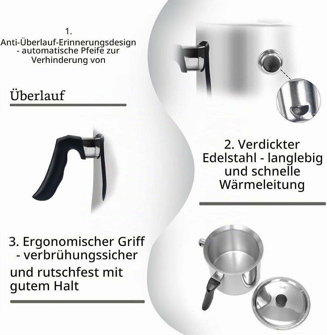 Milchtopf Induktion mit Deckel, Doppelwandiger Simmertopf aus Edelstahl, Wasserbad Topf mit Pfeiffun