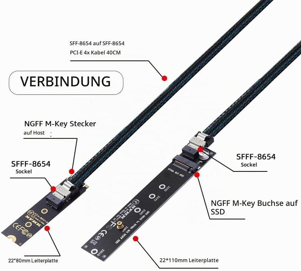 Xiwai NGFF M-Key NVME Stecker zu Buchse Verlängerungskabel 40cm mit SFF-8654 Stecker für Mainboard S