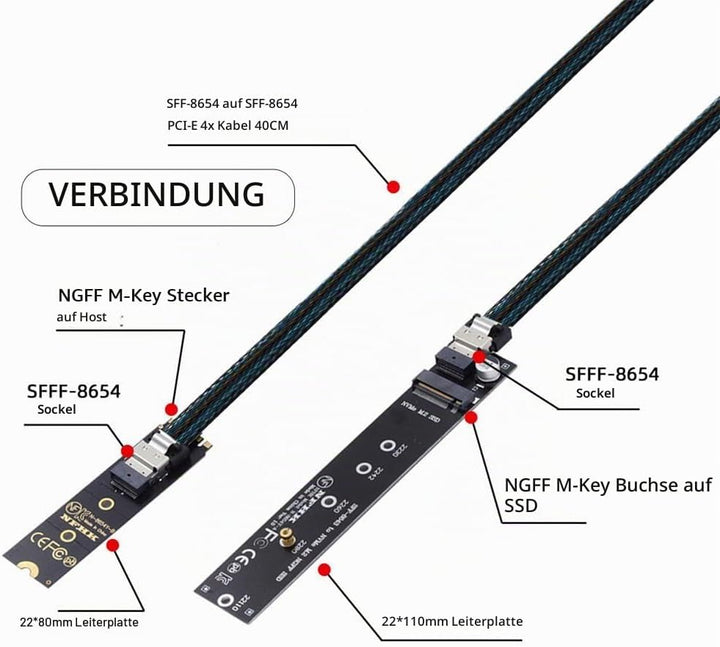 Xiwai NGFF M-Key NVME Stecker zu Buchse Verlängerungskabel 40cm mit SFF-8654 Stecker für Mainboard S