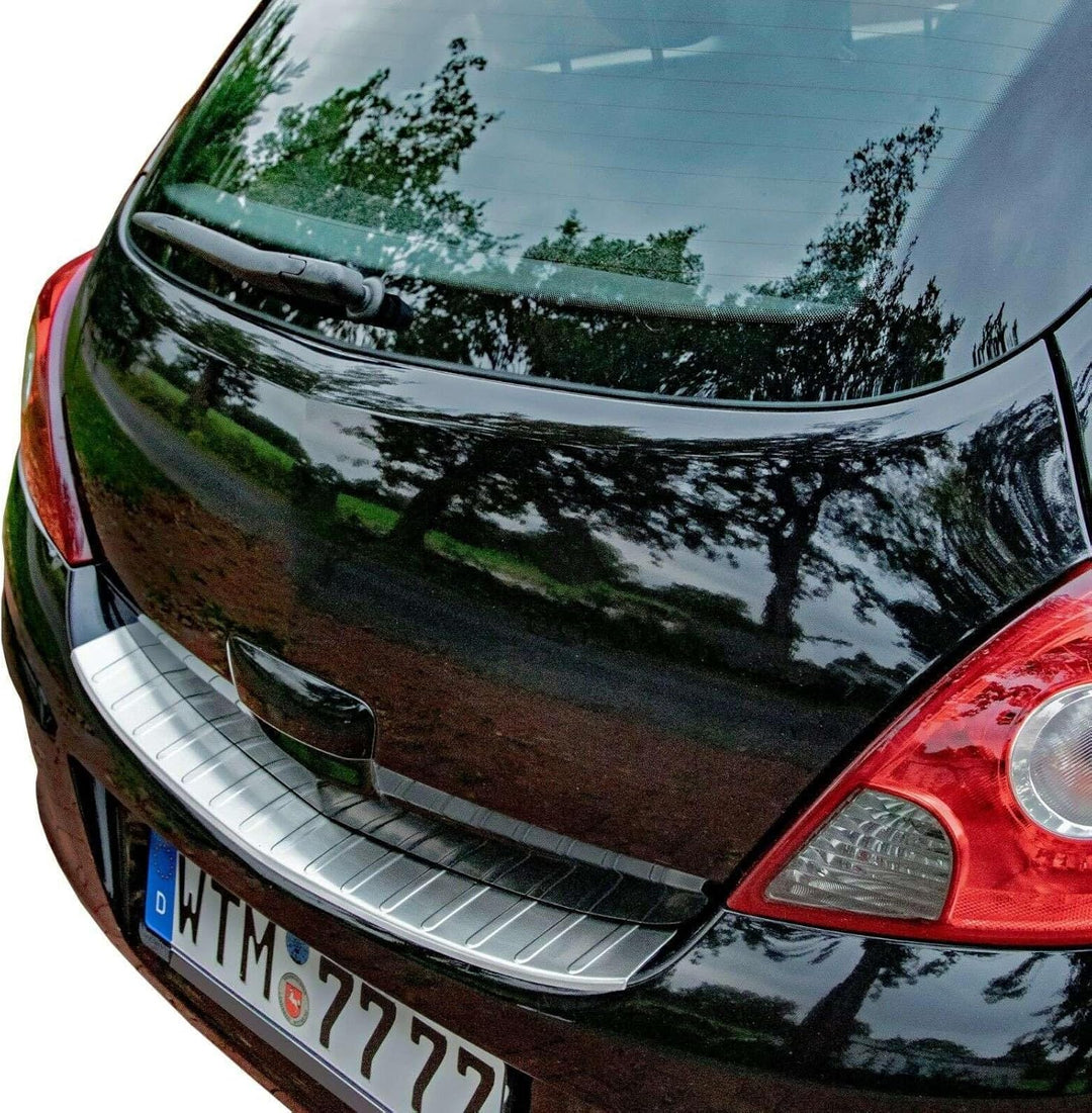 RECAMBO Ladekantenschutz Edelstahl kompatibel für OPEL Corsa D | 2006-2014 - matt gebürstet mit Text