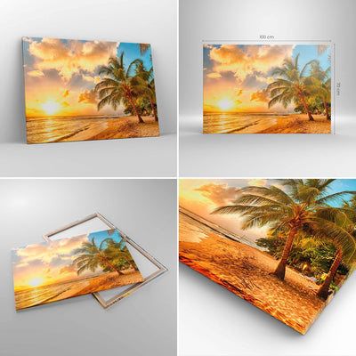 Bilder auf Leinwand 100x70cm Leinwandbild mit Rahmen Strand Meer Palme Gross Wanddeko Bild Schlafzim