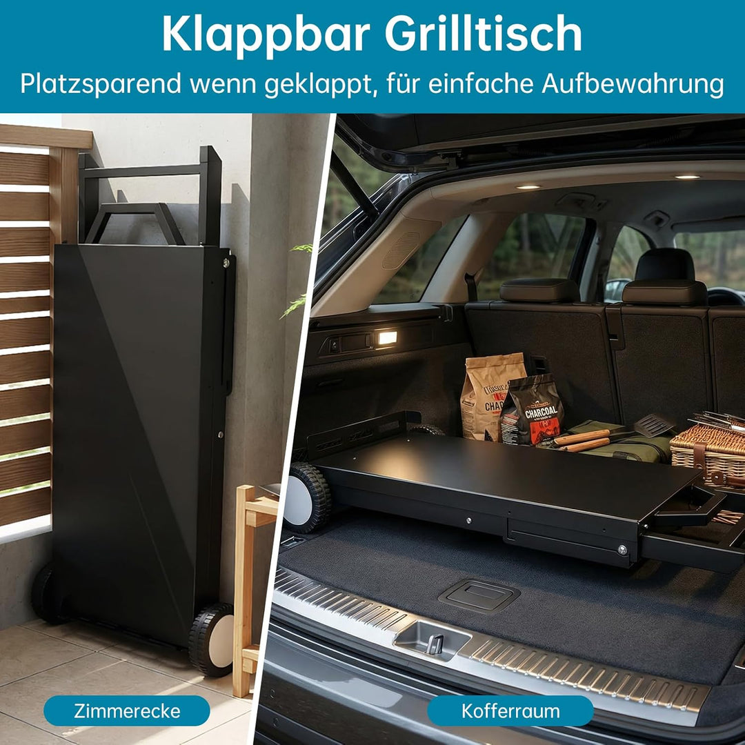 LIFERUN Klappbarer Grillwagen mit Grosser Arbeitsfläche(102x39 cm) & 2 Räder,Tragbarer Grilltisch mi