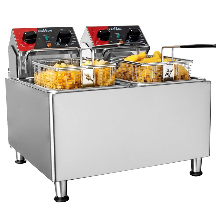 CROSSON 8L Elektrische Fritteuse mit doppeltem Tank und rotierendem Fritteusenkopf, 30-Minuten-Timer
