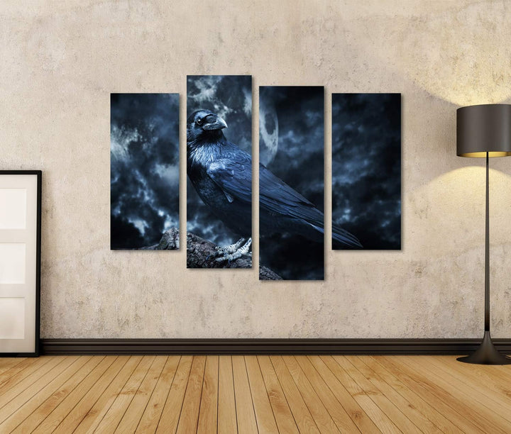 Bild auf Leinwand Schwarzer Rabe Mondlicht Baum Gruselig Gruselig Gothic Setting Bewölkt Nacht Vollm