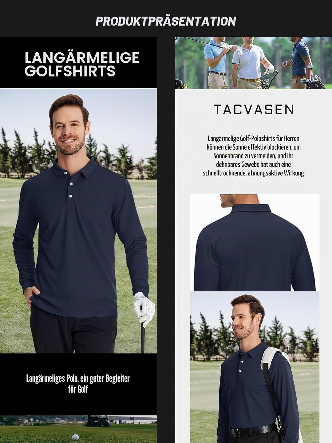 TACVASEN Herren Poloshirt Langarm Golf Polo Schnelltrocknend Funktionsshirts Leicht T-Shirts mit 3-K