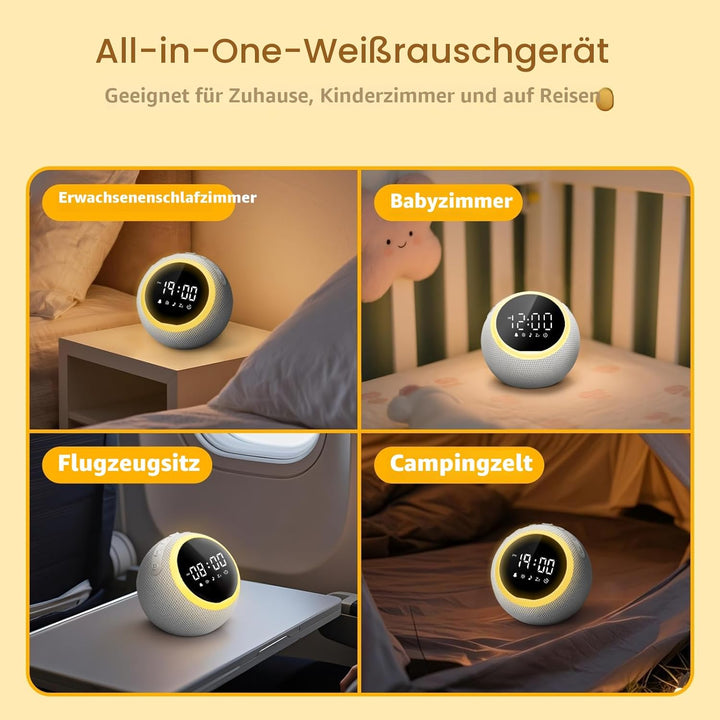 Mewaii White Noise Machine Baby mit Nachtlicht & Wecker, 3-in-1 Nachtlicht Kinder, 2700K Licht & san