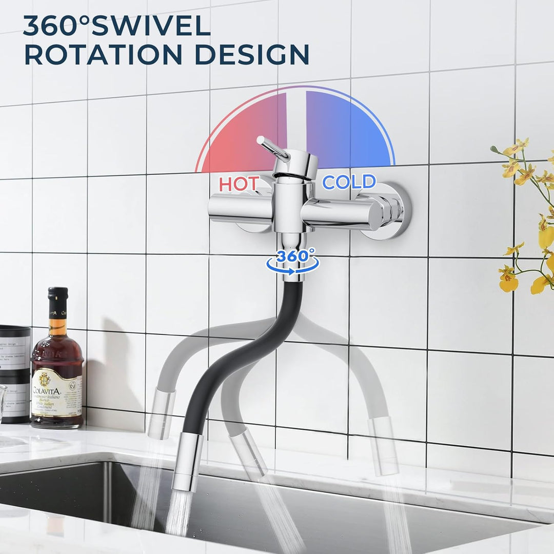 HURRAN Wasserhahn Wandmontage, 360° Schwenkbare Küchenarmatur mit Silikonschlauch, Einhebelmischer a