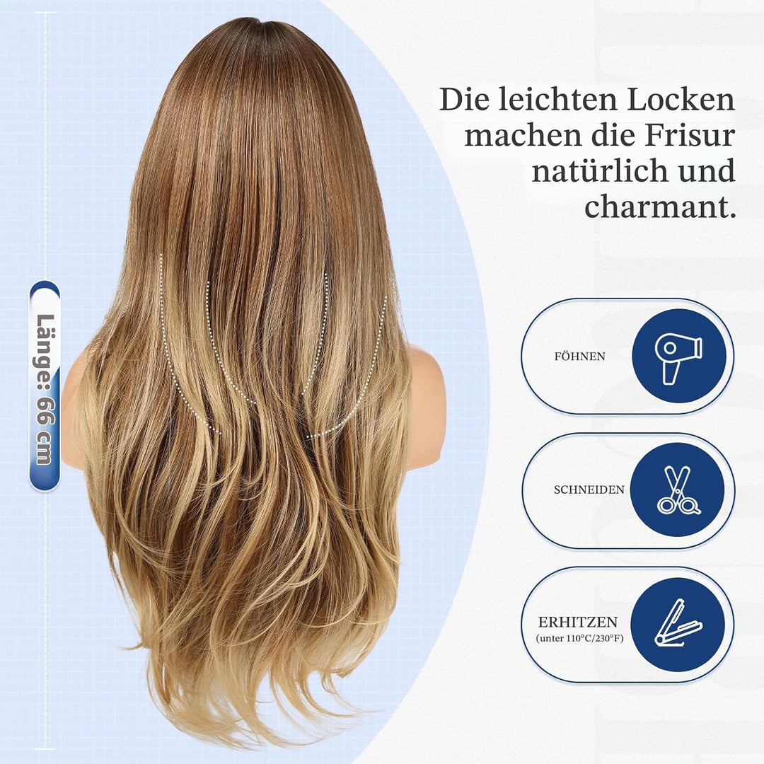HAIRCUBE Lange Ombre-Perücke in Braun mit Pony, geschichtete lockige Perücken für Frauen, natürliche