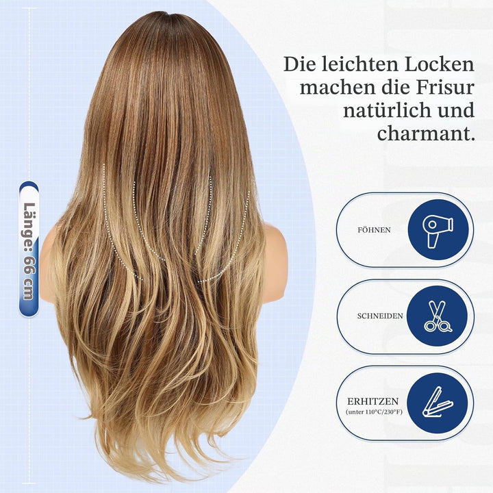 HAIRCUBE Lange Ombre-Perücke in Braun mit Pony, geschichtete lockige Perücken für Frauen, natürliche