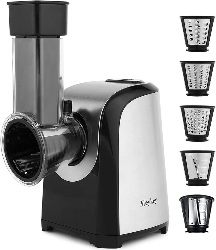Meykey Elektrische Reibe für Gemüse und Obst, 150 W, elektrische Reibe mit 4 Zubehörteilen aus Edels