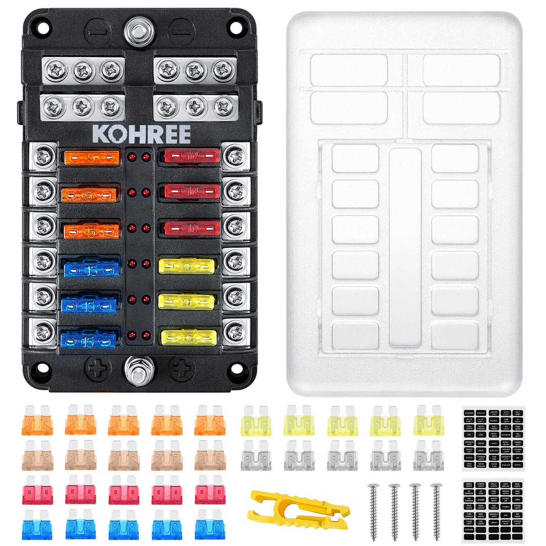 Kohree 12 Fach kfz Sicherungshalter 12 Volt, kfz Sicherungskasten 12V mit LED-Anzeige, 24 Sicherunge
