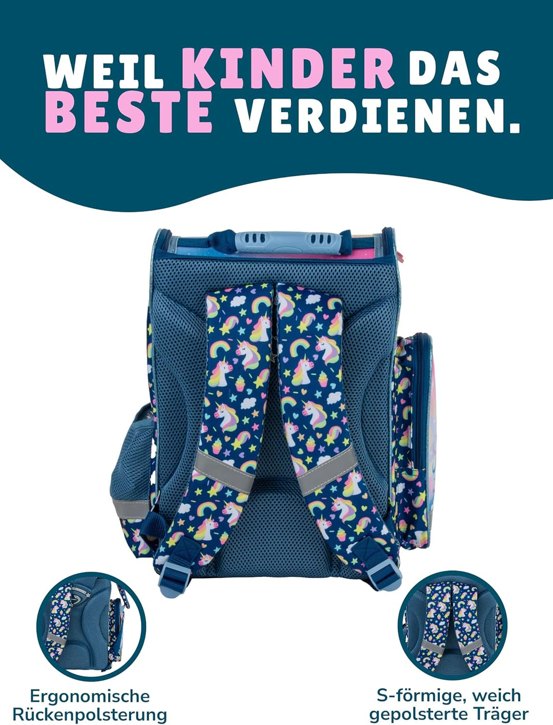Familando Mädchen Schulranzen-Set Unicorn Einhorn Regenbogen, 8-teilig, ergonomischer Tornister mit