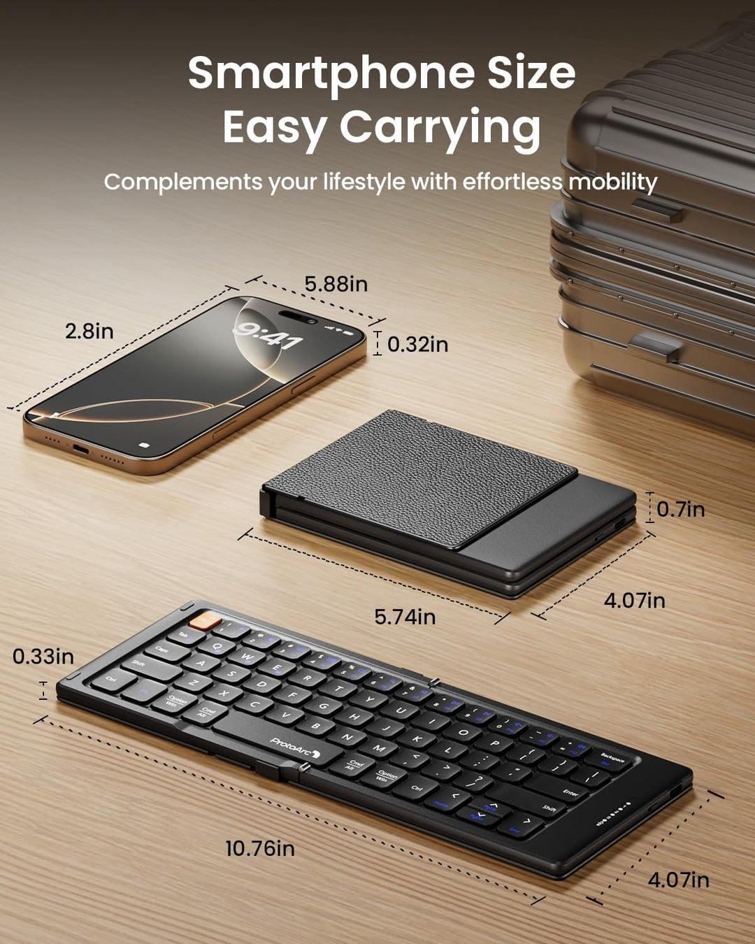 ProtoArc XK04 Faltbare kompakte Tastatur, US Layout tragbare Bluetooth-Tastatur mit PU-Lederbezug, k