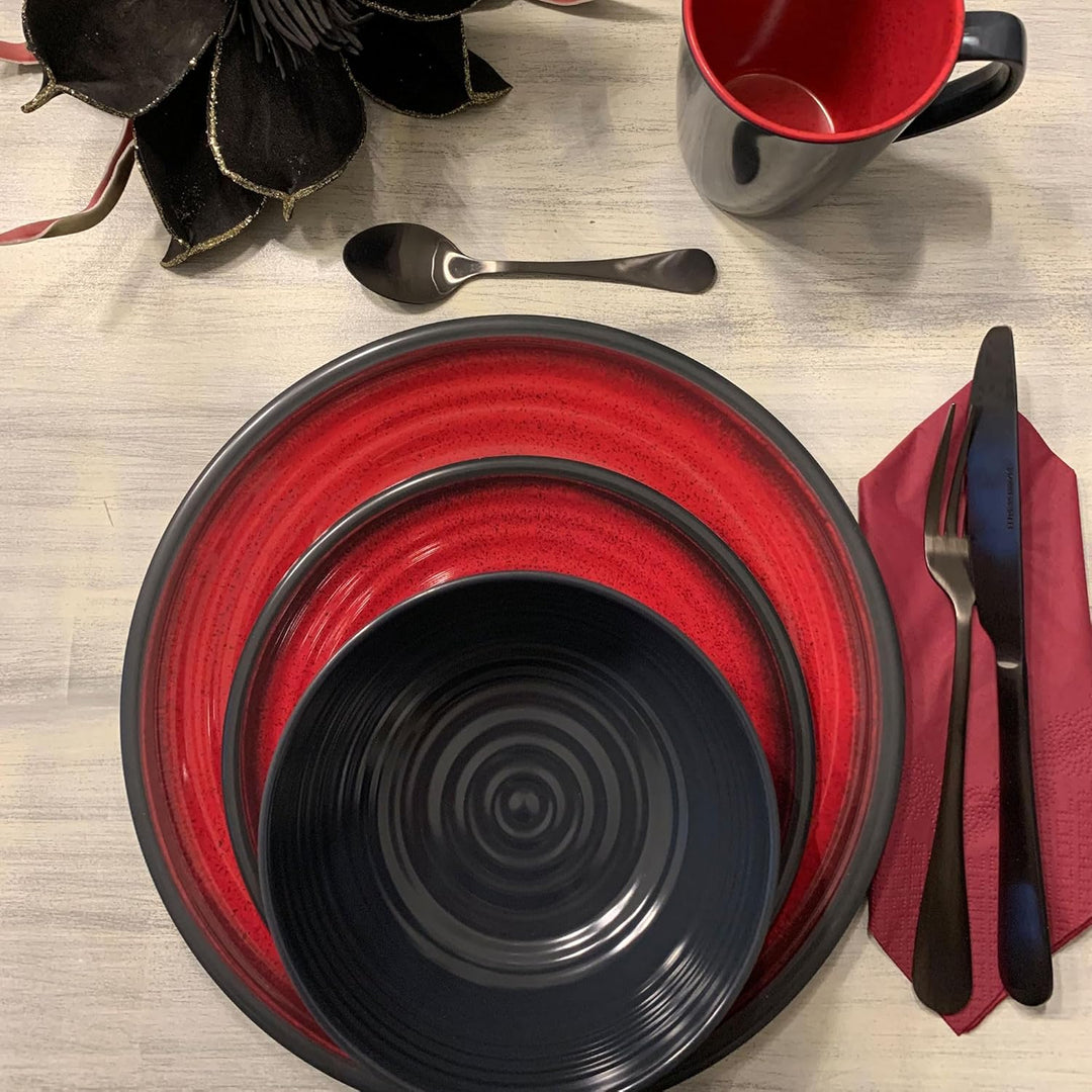 Melamin Geschirr Set Rot Schwarz mit Edelstahl Thermo Tassen doppelwandig - Tonoptik Essgeschirr - C