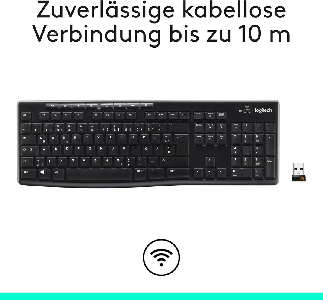 Logitech K270 Kabellose Tastatur für Windows, 2,4 GHz kabellos, Standardgrösse, Nummernblock, 8 Sond
